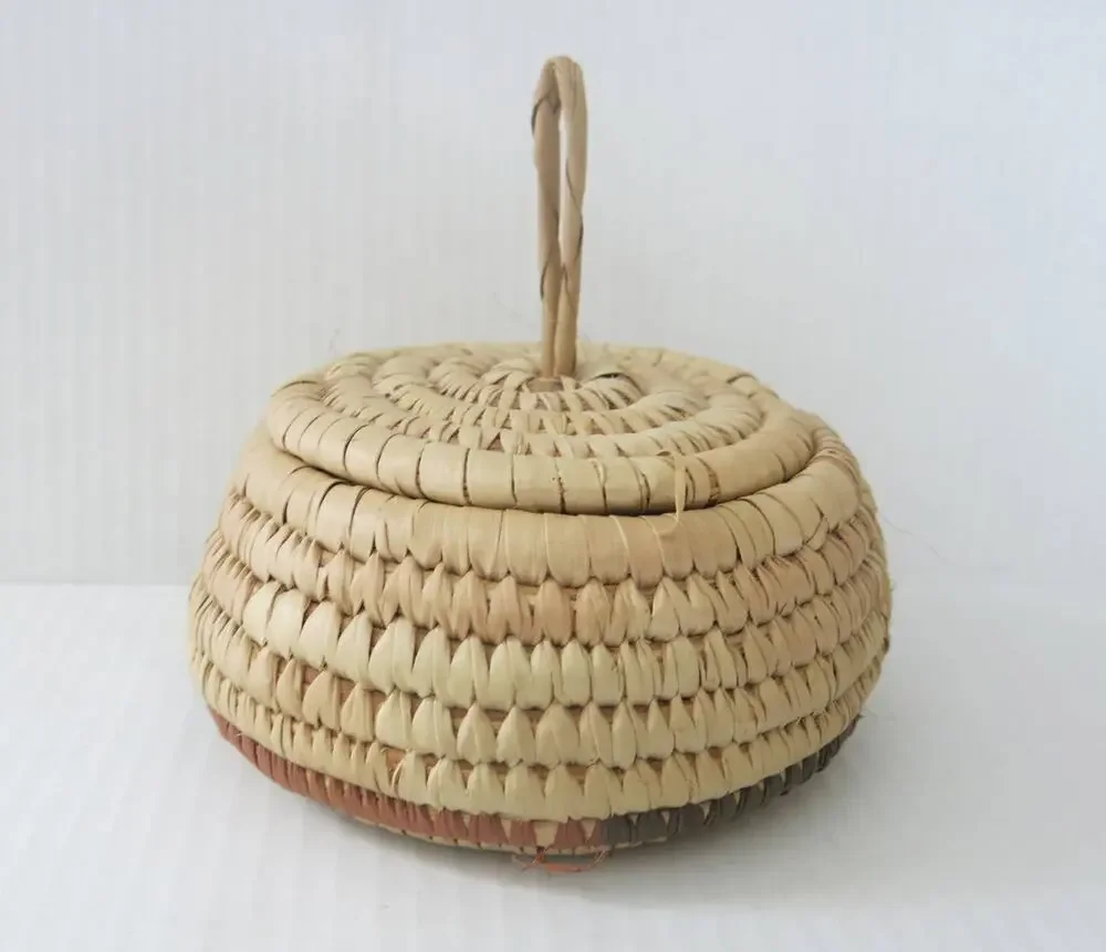 AFRICAN Hand Woven Hanging Basket Grass Tribal Ethnic Lid and Loop Nigeria Tans